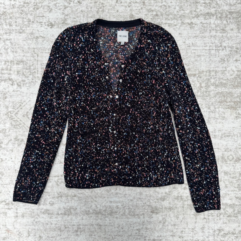 NIC+ZOE Confetti Cardigan Sweater Black Multi Color Pearl Button V-Neck Size M
